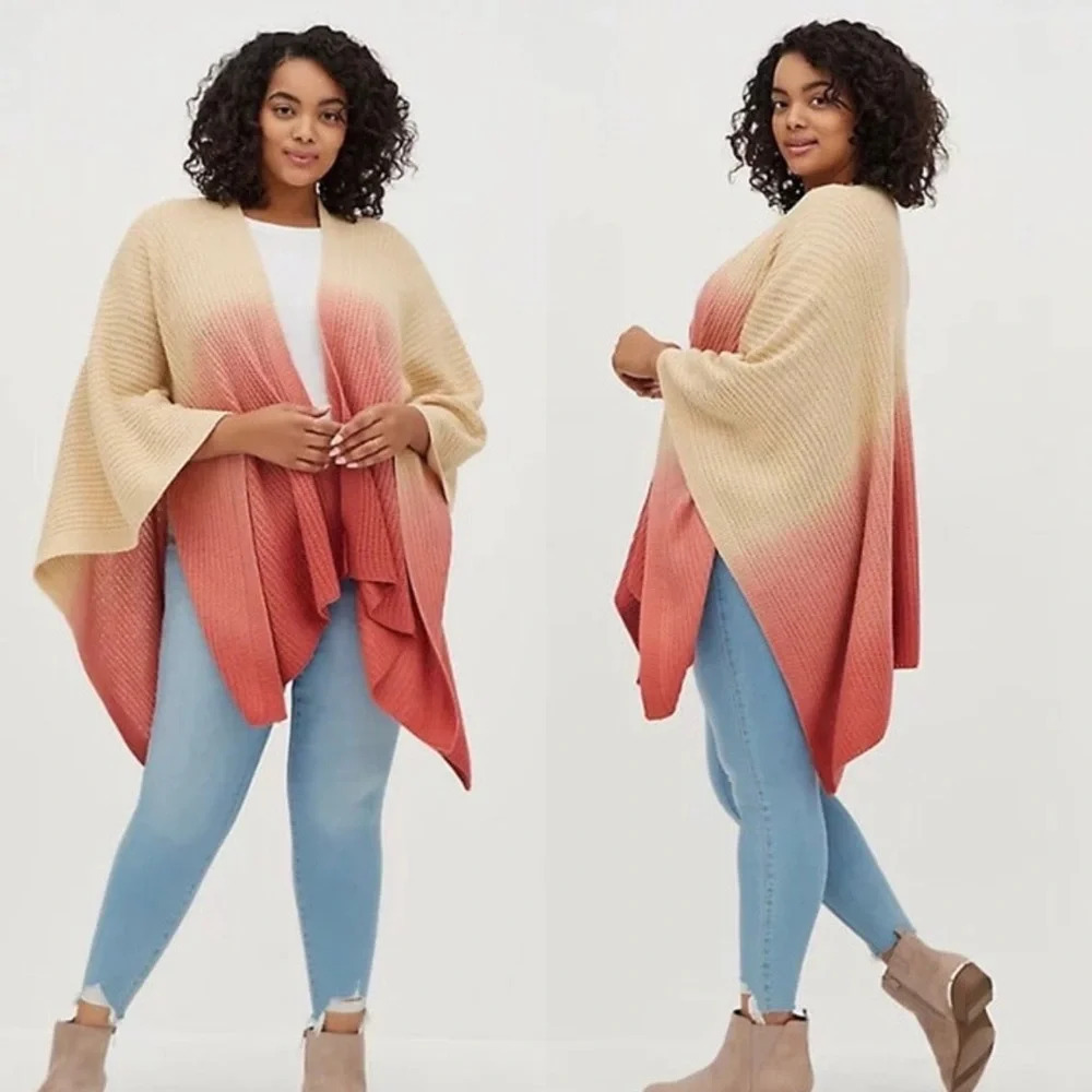Torrid Tri-color Ombre Knit Poncho Sweater Tan Pink Open Front One Size Women’s